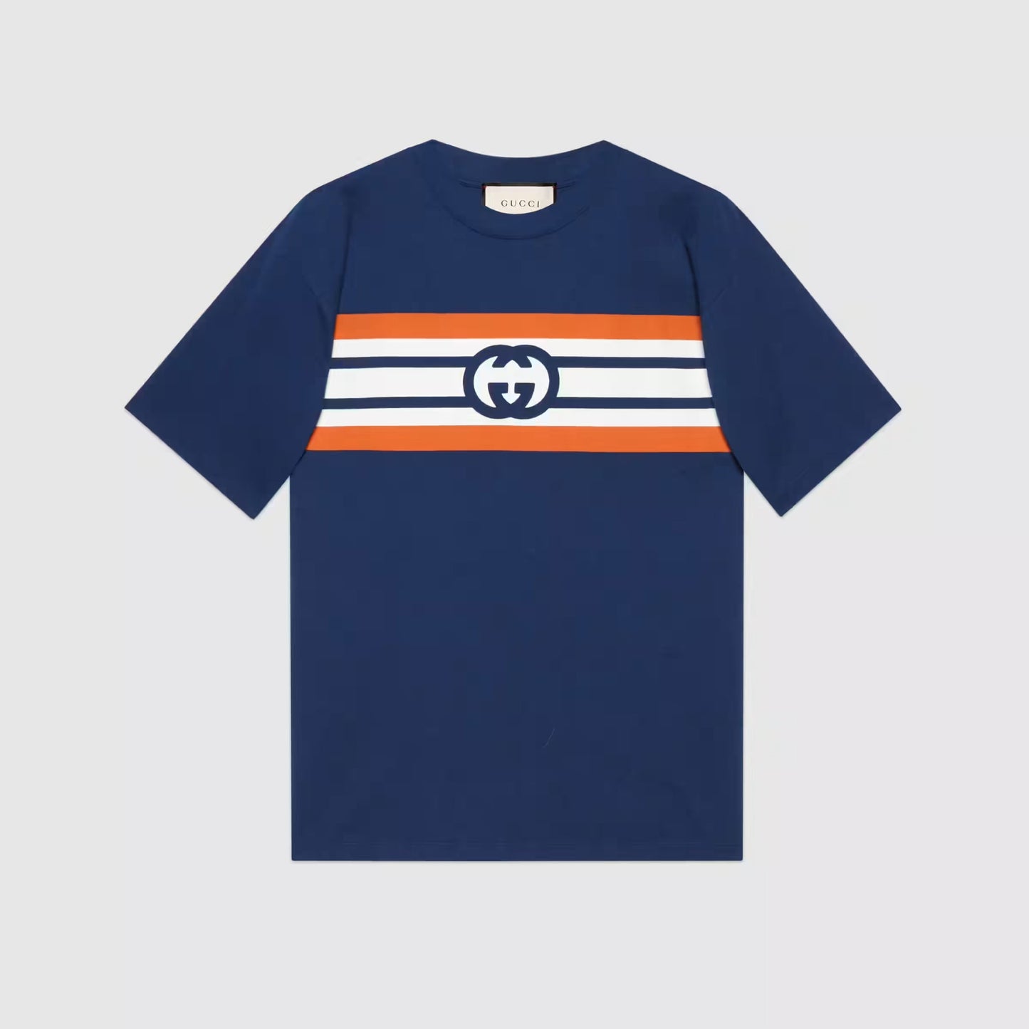 GUC Interlocking G stripe print Navy Blue T-shirt - Styledistrict