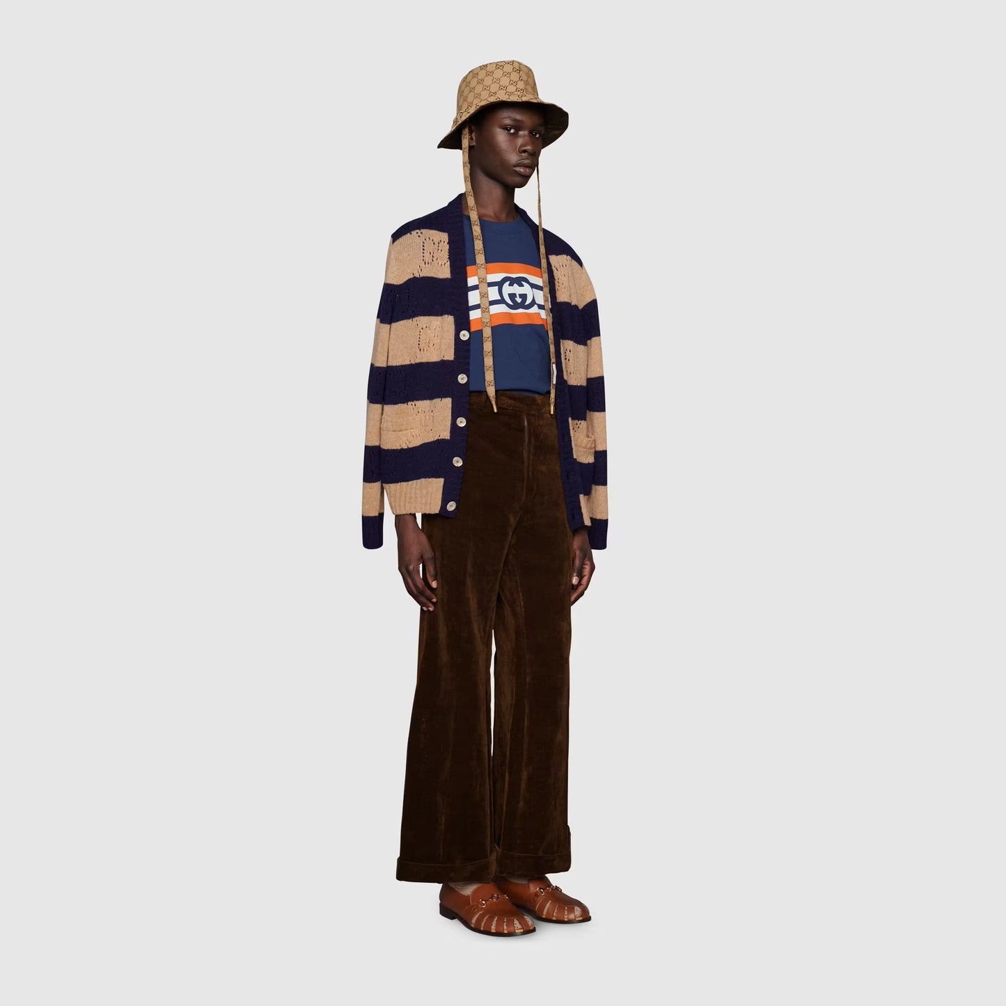 GUC Interlocking G stripe print Navy Blue T-shirt - Styledistrict