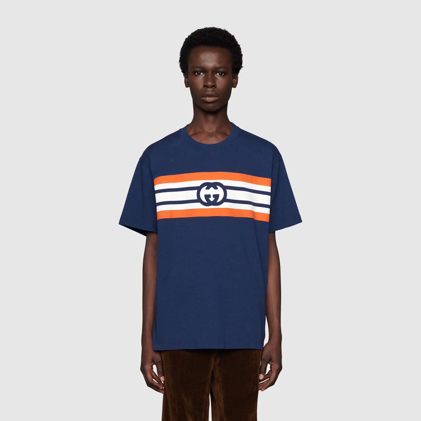 GUC Interlocking G stripe print Navy Blue T-shirt - Styledistrict