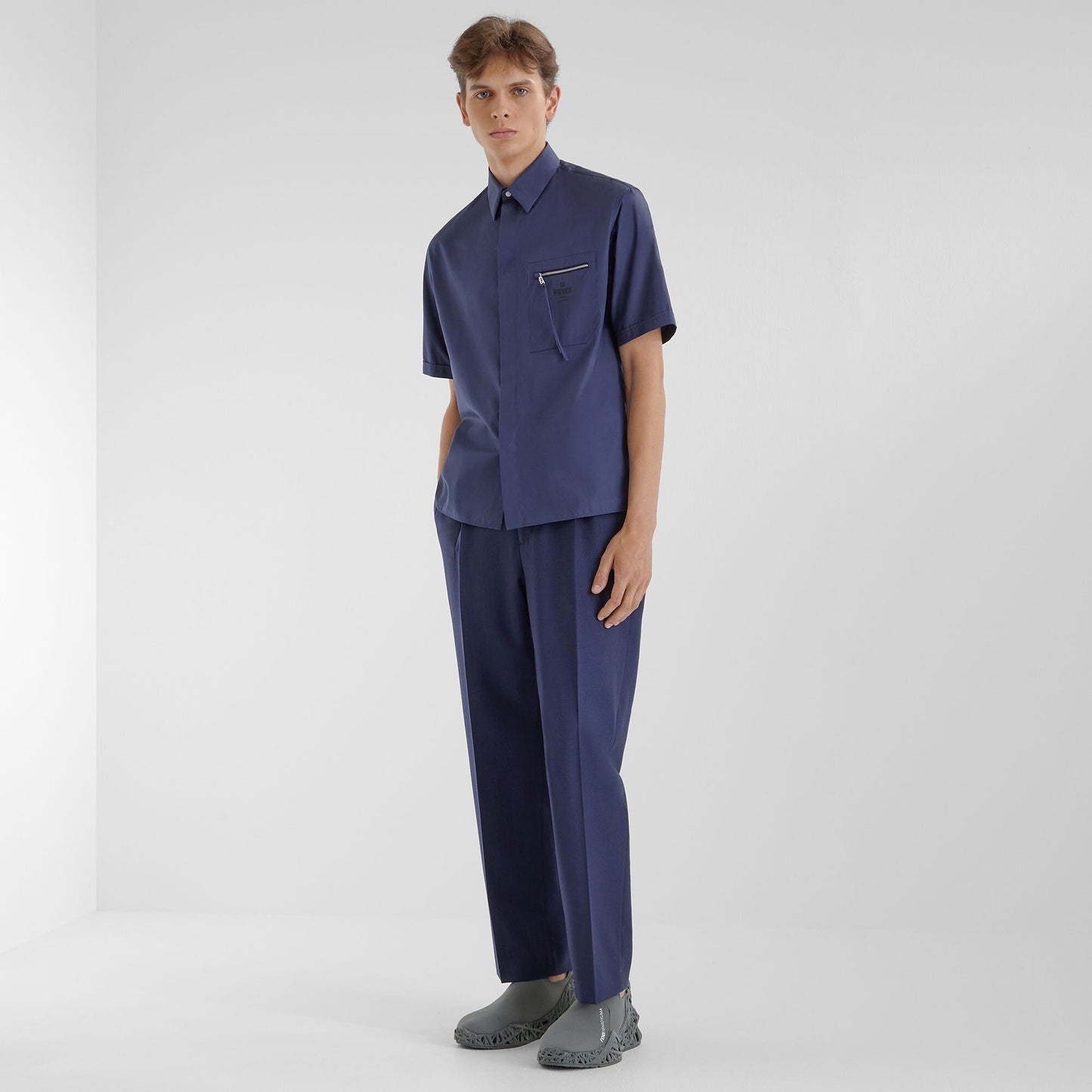 Pocket Zip-up Blue Cotton Shirt