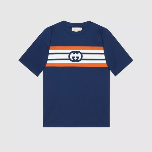 GUC Interlocking G stripe print Navy Blue T-shirt - Styledistrict