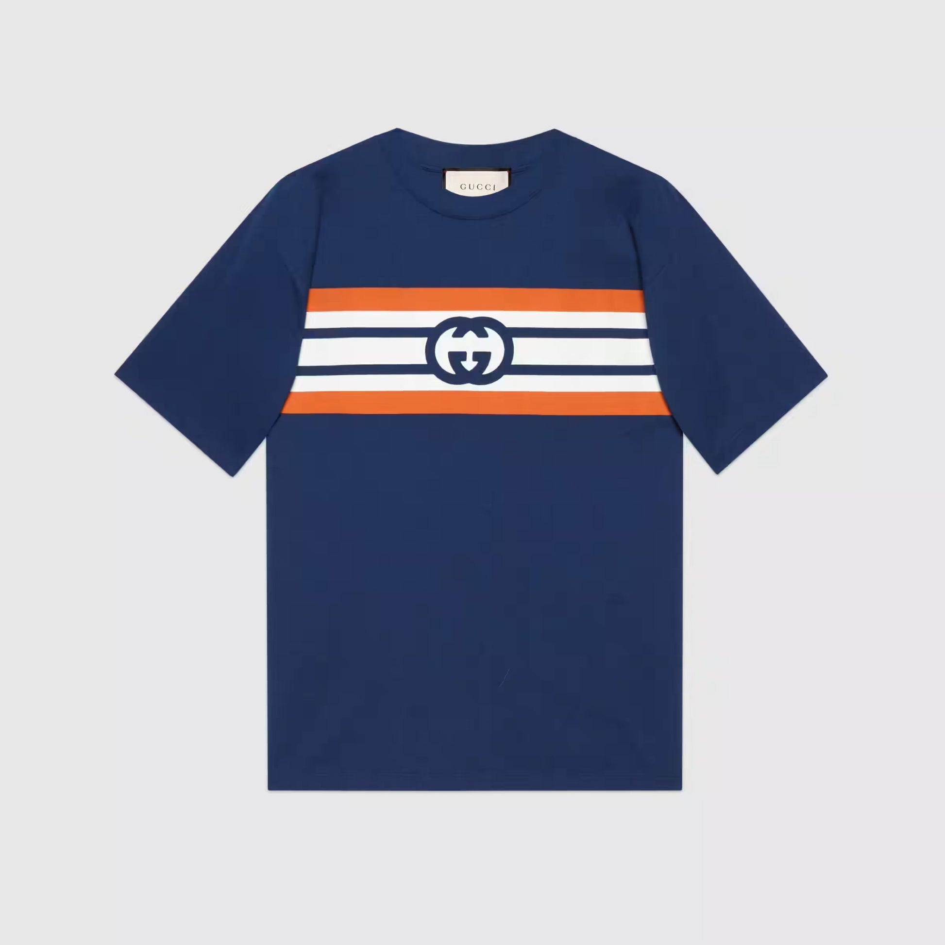 GUC Interlocking G stripe print Navy Blue T-shirt - Styledistrict