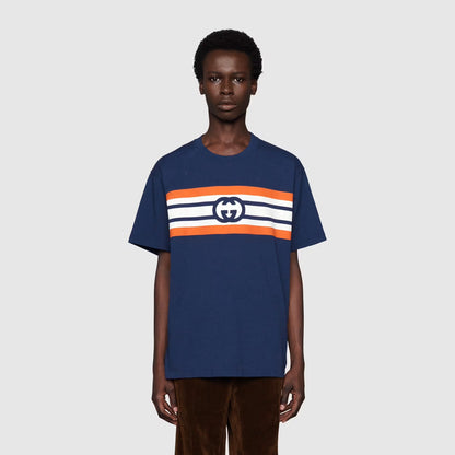 GUC Interlocking G stripe print Navy Blue T-shirt - Styledistrict
