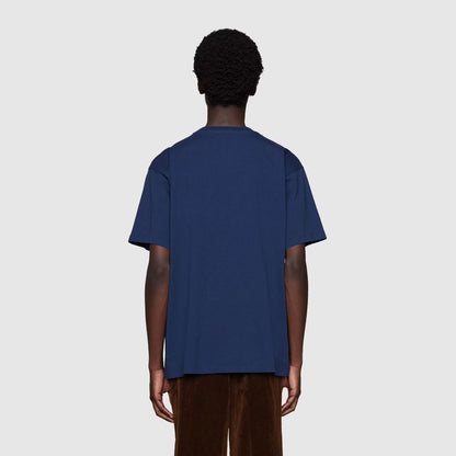 GUC Interlocking G stripe print Navy Blue T-shirt - Styledistrict
