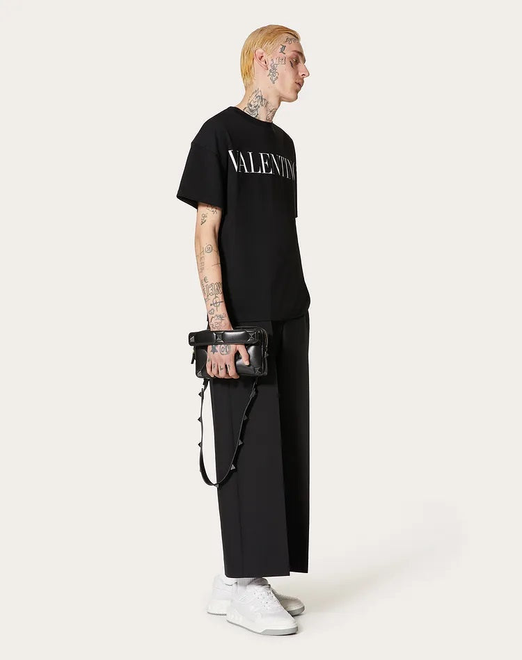 VLTN BLACK COTTON T-SHIRT WITH VALENTINO PRINT - Styledistrict