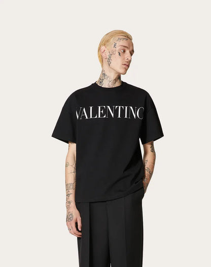 VLTN BLACK COTTON T-SHIRT WITH VALENTINO PRINT - Styledistrict