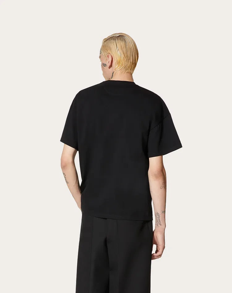 VLTN BLACK COTTON T-SHIRT WITH VALENTINO PRINT - Styledistrict